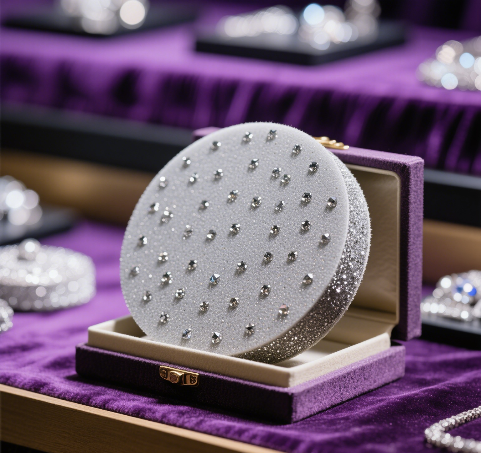 Sparkling round object in purple box Sparkling round object in purple box