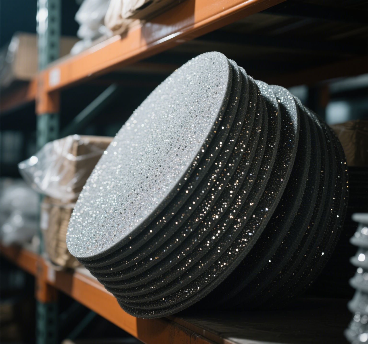 Stacked black grinding discs